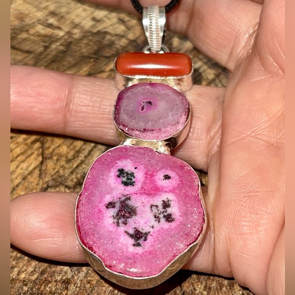 Drusy Solar Quartz & Red Coral Pendant 3” - Picture 5 of 12
